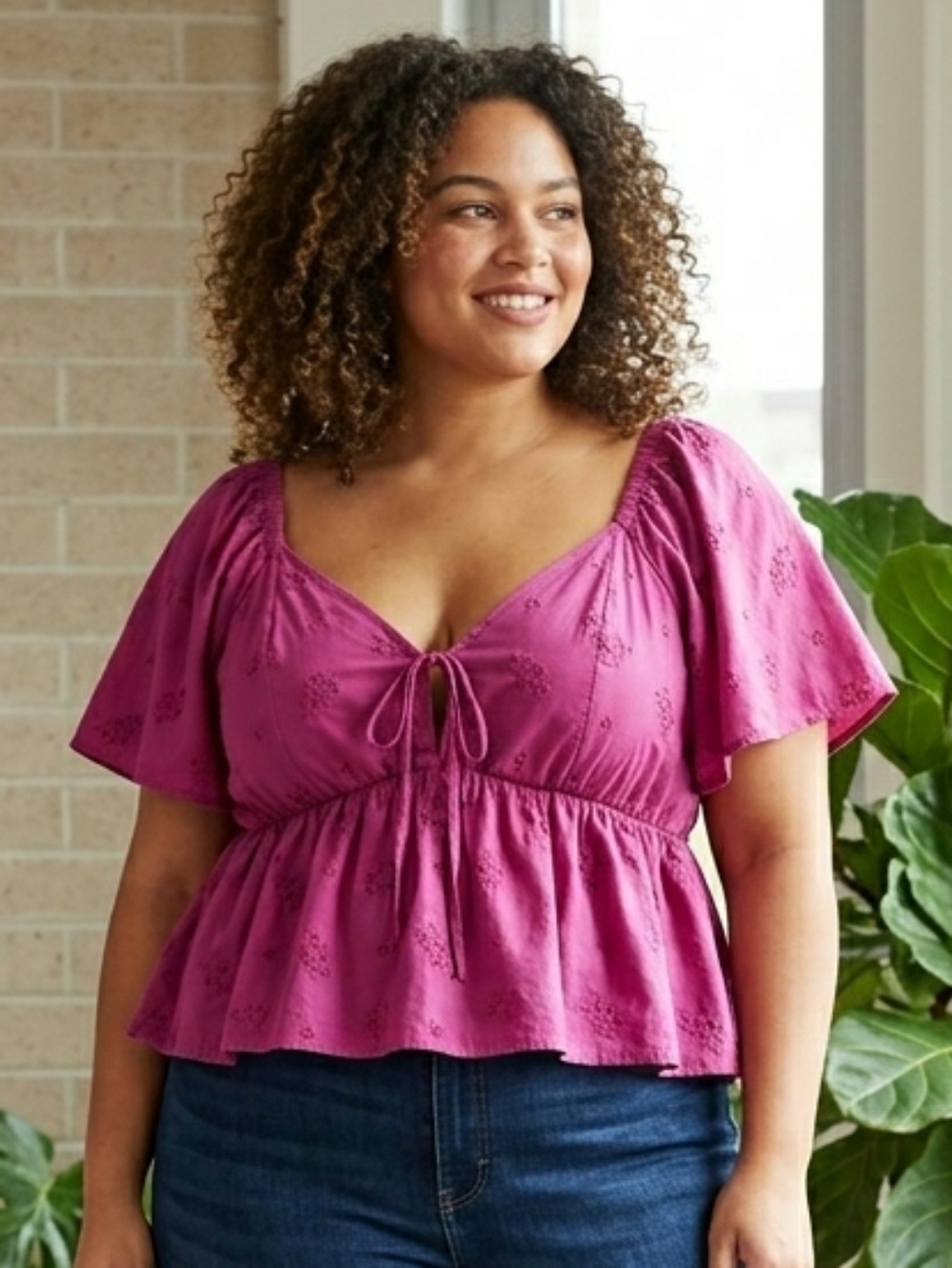 Torrid Peplum Challis Tie Back Eyelet Lined Blouse Top